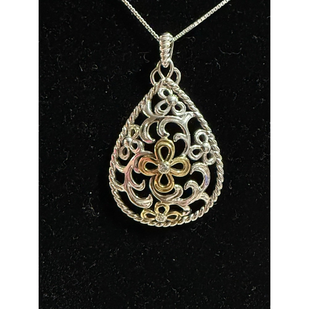 Bold Sterling Silver 925 Pear Shape Open Filigree Pendant Necklace 20"
